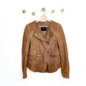 Maje Leather Moto Jacket Tan Quilted